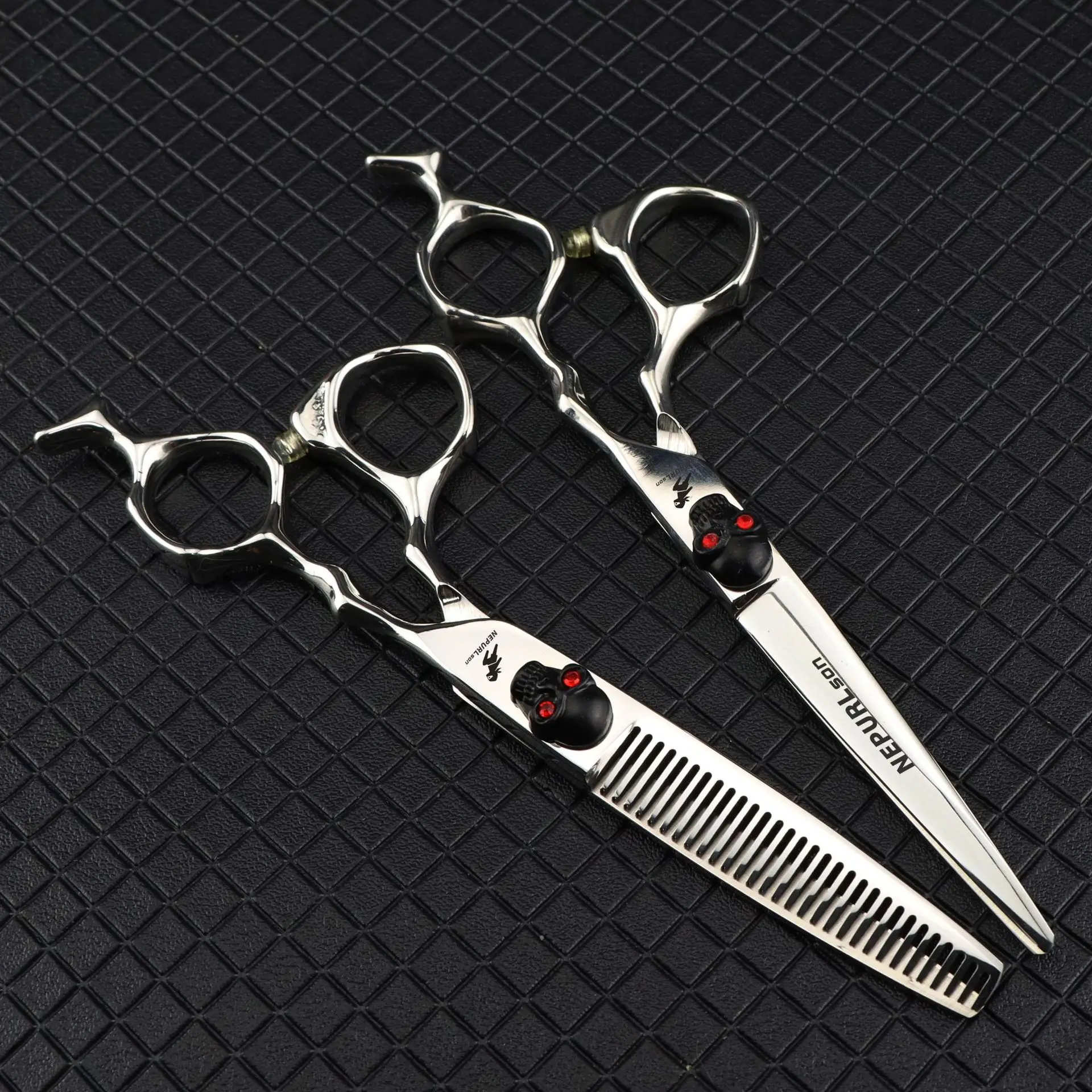 NEPURLSON 6.0-inch black skull gemstone style hair scissors, hair clippers, flat scissors, fringe scissors, tooth scissors