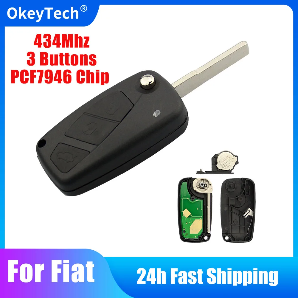 

OkeyTech Flip Remote Control Auto Key 433Mhz PCF7946 Chip For Fiat 500 Fiorino Qubo Panda Idea Punto Stilo Ducato 3 Buttons