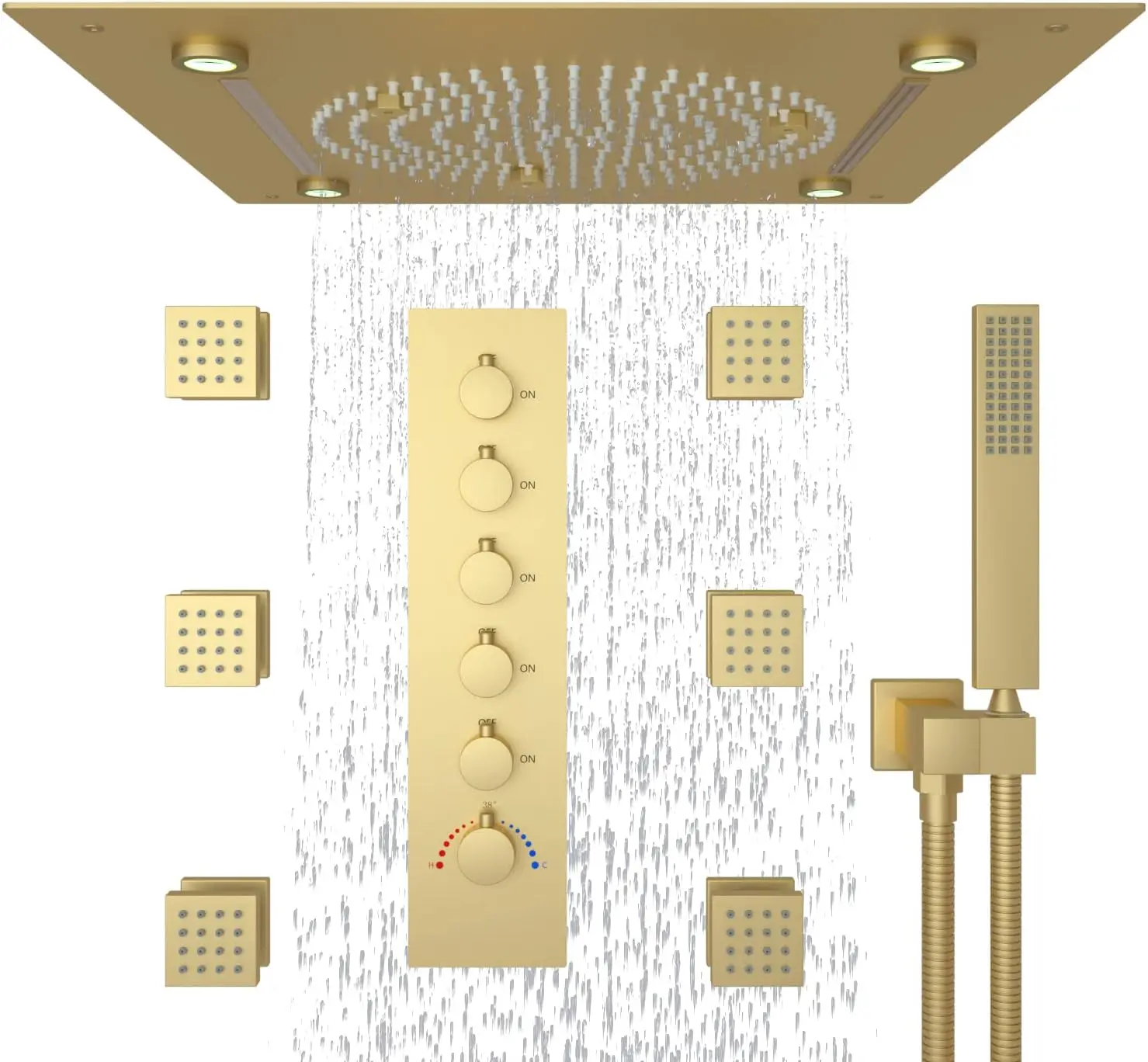 Bathroom Brushed Gold Thermostatic Shower System Multifunctional Ceiling Mounted Shower Set with Faucet Accessory for Home Use