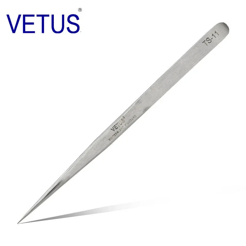 100% Vetus TS Series Stainless Steel Industri Anti-Static Pinset Pembuat Jam Alat Perbaikan dengan Label Keamanan