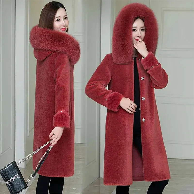 

Women Winter High End Lambswool Coat Female Warm Fox Collar Fur Jacket Sheep Shearing Wool Jacket Long Overcoat Casaco Feminino