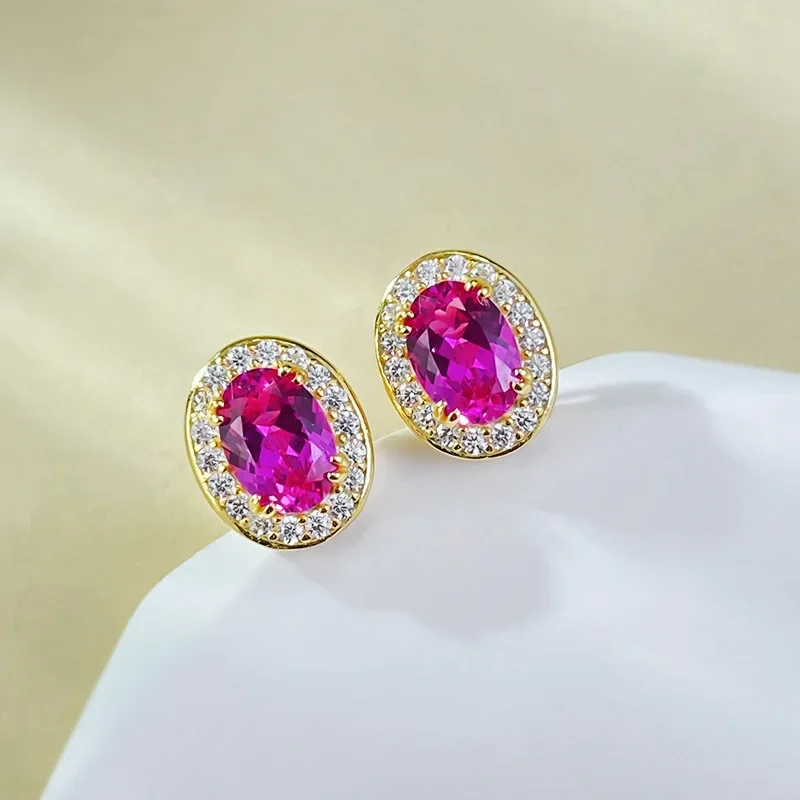 Karachi 925 Silver Plated Gold One Carat Oval Pink Steel Earrings Simple And Fashionable Versatile Jewelry