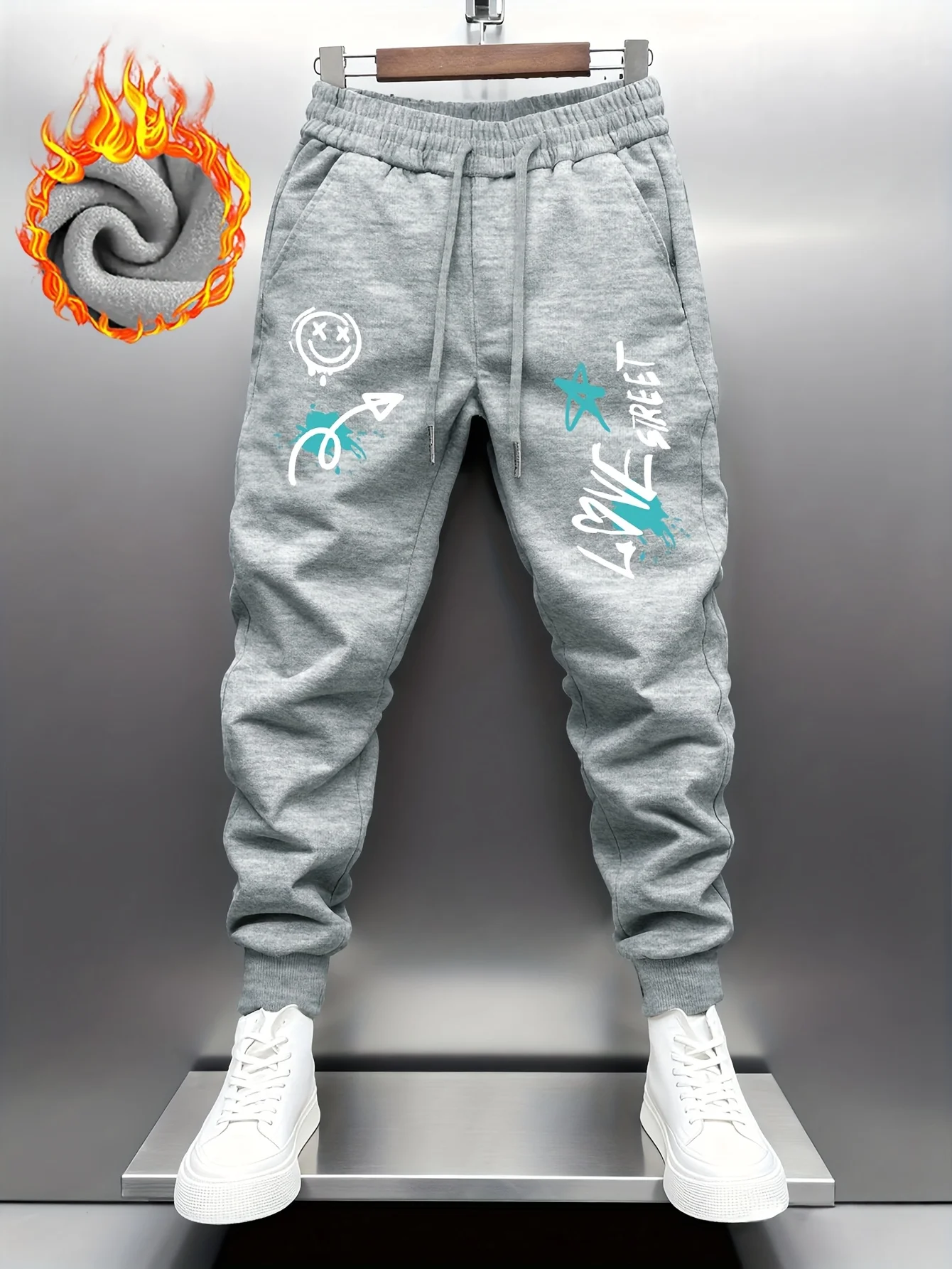 Fun‑urban Men Sports Sweatpants Playful Graffiti Smiley‑themed Graphic Print, Jogger Pants Padded Pants For Home Gym Workout