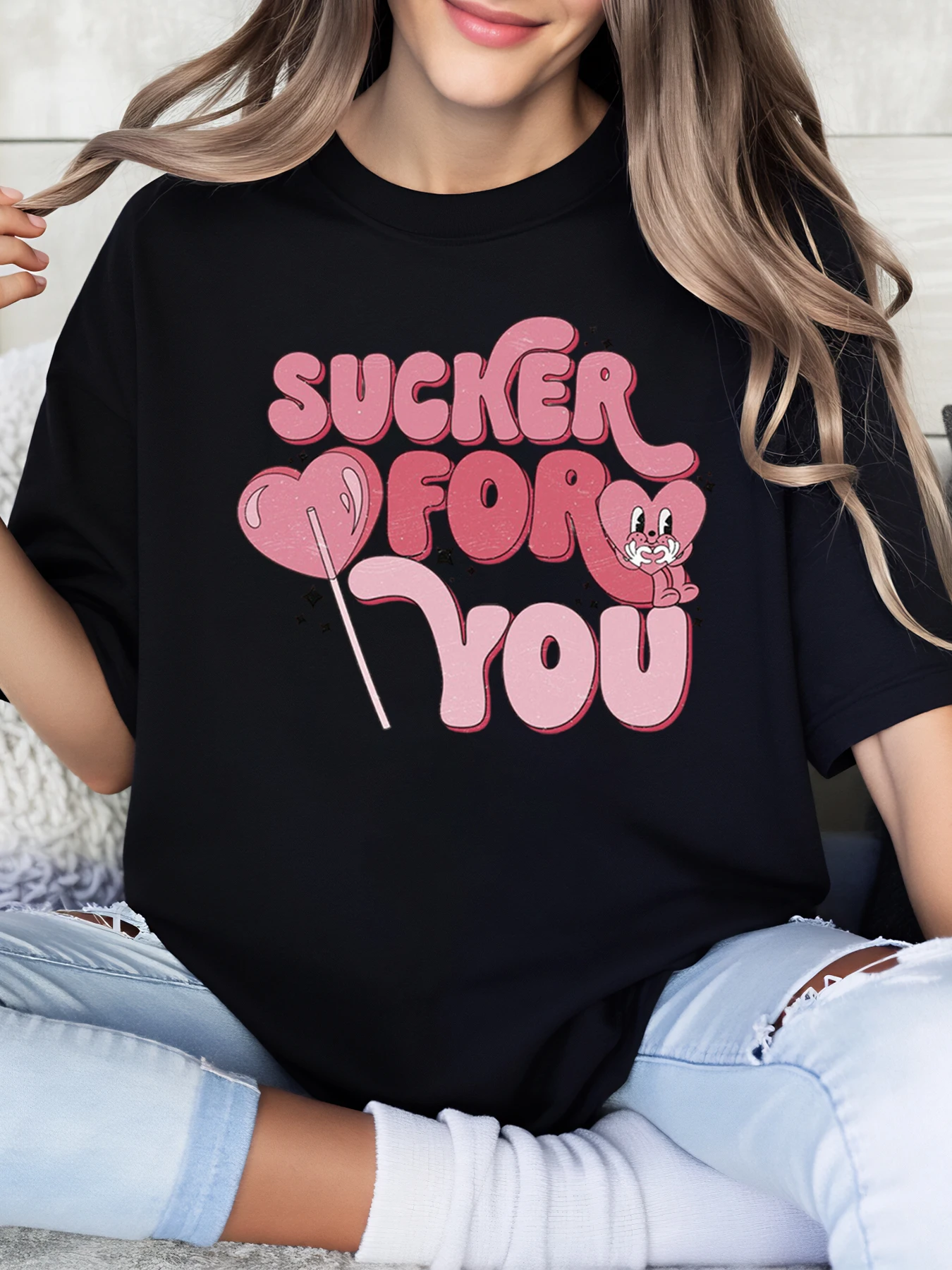 

for You Heart Lollipop Print Valentine's Day T-Shirt Women Casual Outfit Black Plus-Size