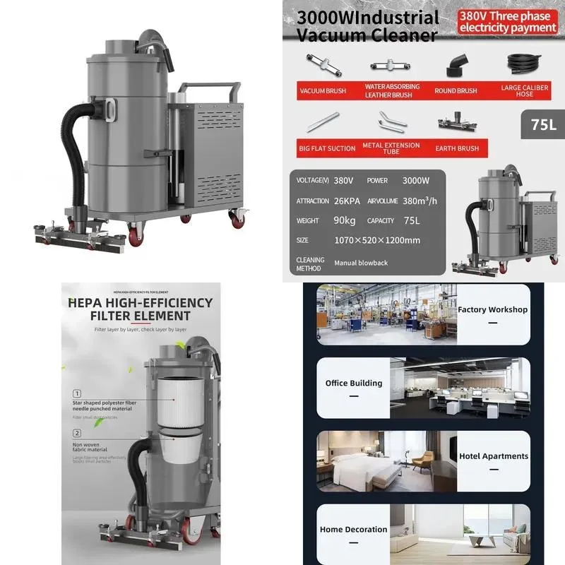 3000W 75L Heavy Duty Industrial Vacuum Cleaner 380V Uninterrupted Suction 40mm Single Tank Dust Collector