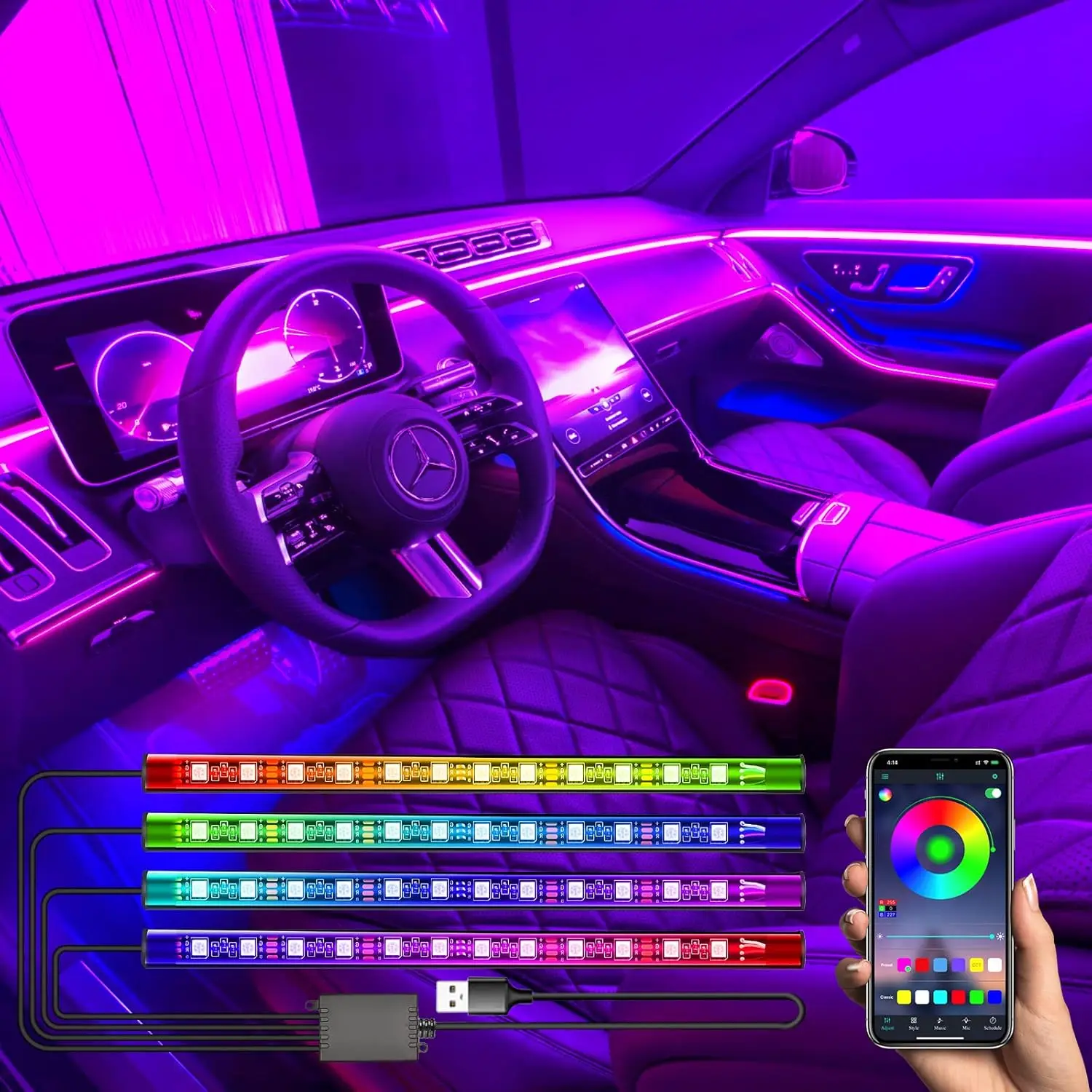 

Interior LED Strip Light, 48 LED 16 Million Colors, Music Sync App Control, Bluetooth, Waterproof Car Interior Lighting Kit with