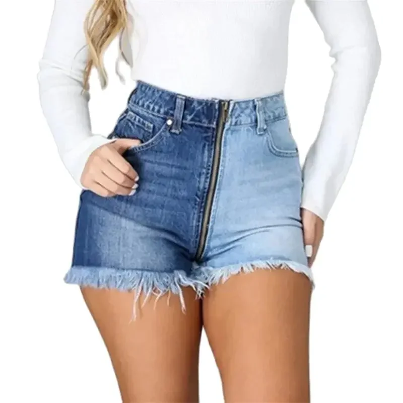 Fashion Front Zipper Open Crotch Denim Shorts Women Casual High Waist Color Contrast Patchwork Female Tassel Three Quarter Pants