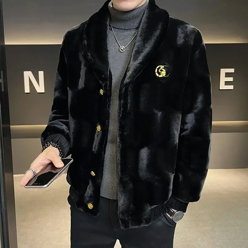 Winter New Men High Quality Faux Fur Coat Male Mink Fur Slim V-neck Fashion Outwear Casual Large Size Solid Color Warm Outcoat