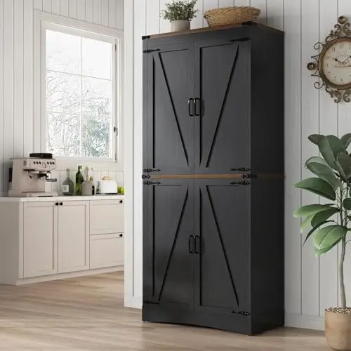 71in Farmhouse Kitchen Pantry Cabinet,Tall Storage Cabinet with 4 Doors and Adjustable shelves,with Load-Bearing Steel