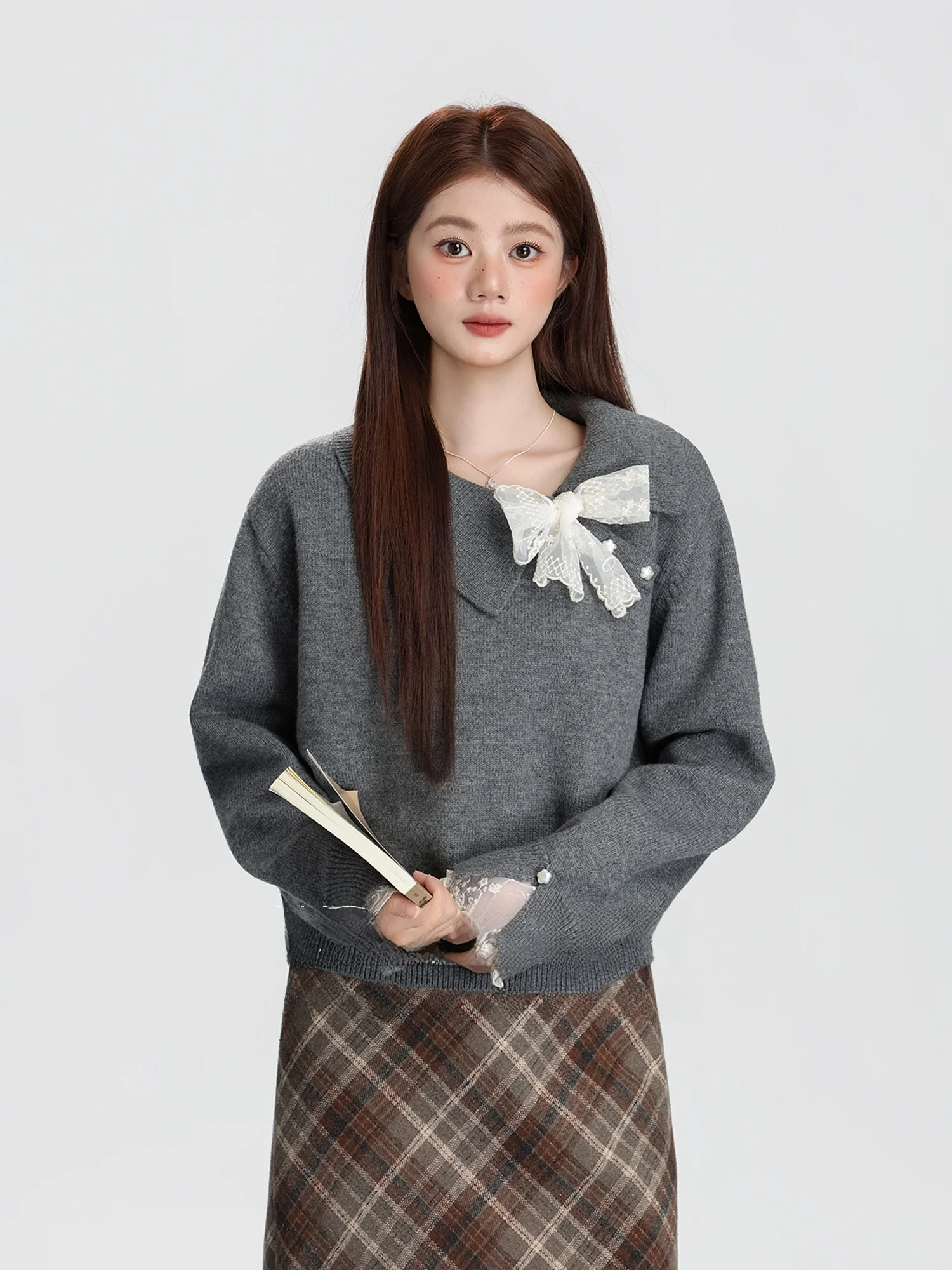 

Loose Women's Knitted Sweater with Lace Knot Splicing Overhead Sle Autumn Winter New Lazy Faion Top for Girls
