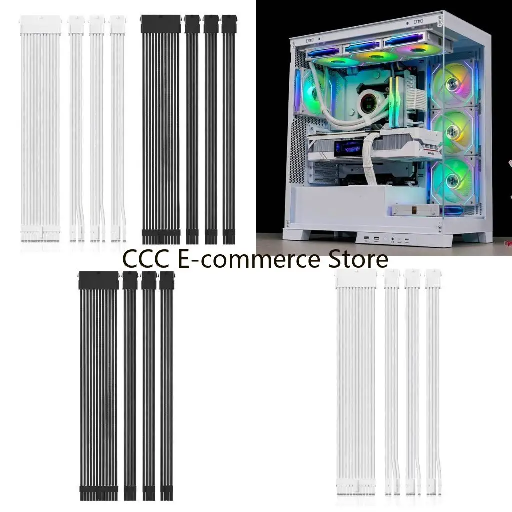 Soft Braided 18AWG PC Power Extension Cables Set, 1x24Pin Motherboards 1x8Pin CPU 2x8Pin GPU 30cm with Cable Combs R58A