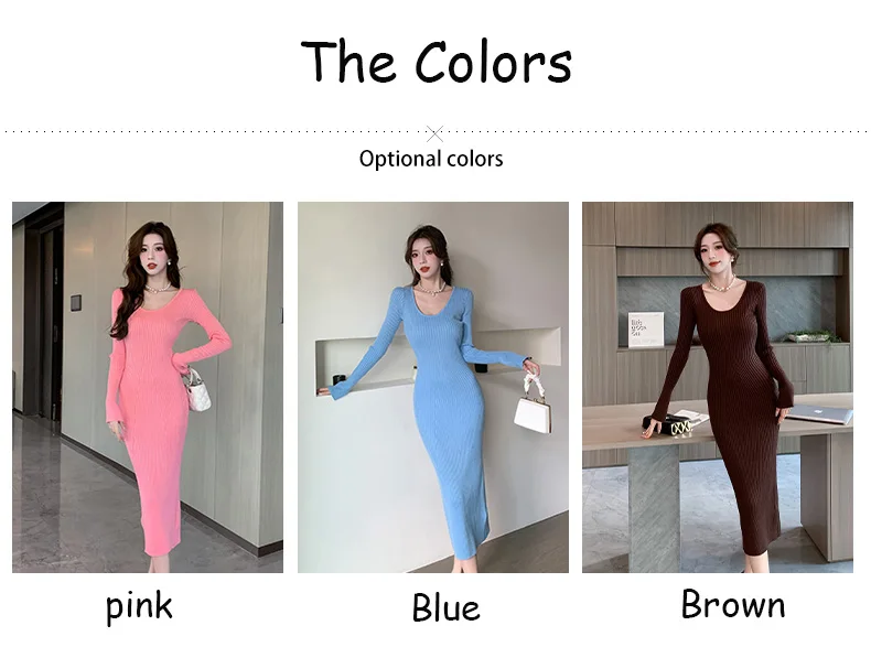 Langes Strickkleid für Damen 2026 Herbst Winter Neuerscheinung Langes Kleid mit Trompetenärmeln und V-Ausschnitt Koreanischer Stil Modisches Damenkleid – Detail 2