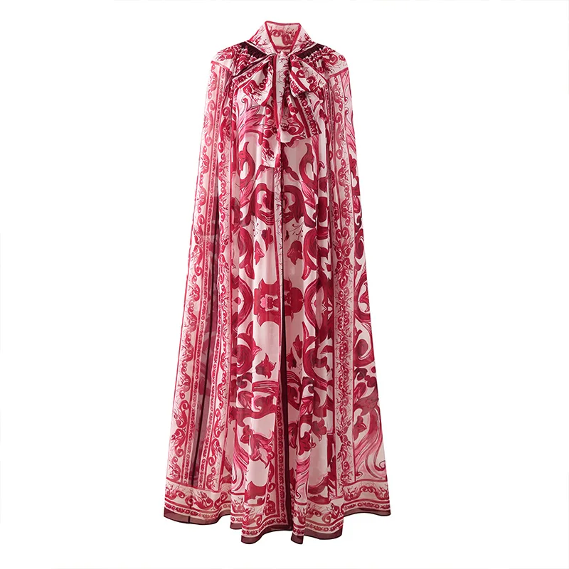 New Fashion Loose Chiffon Porcelain Print Bow Cape Versatile Women’s Cloak Parties Vacations Stylish Scarf Collar Shawl Coat