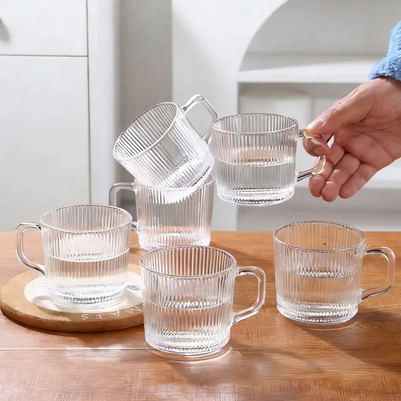 2pcs Grooved Glass Mug with Comfortable Grip, Stylish Transparent Mug for Juices or Smoothies, Brightens Every Drinking Moment