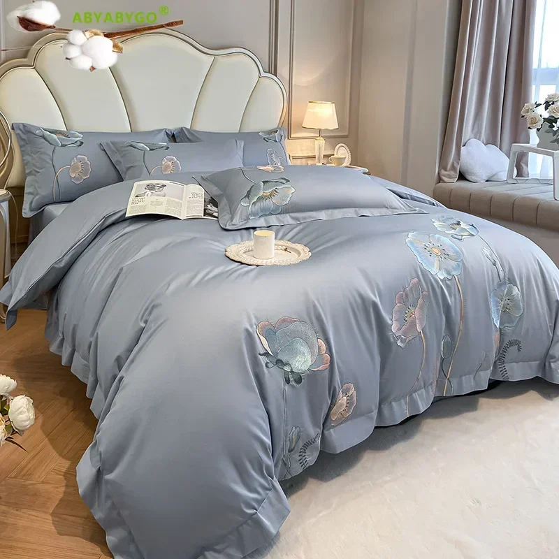 Egyptian Cotton Bedding Set Luxury Chic Embroidery Double Duvet Cover 100%Cotton Flat Fitted Bed Sheets and Pillowcases Bed Set