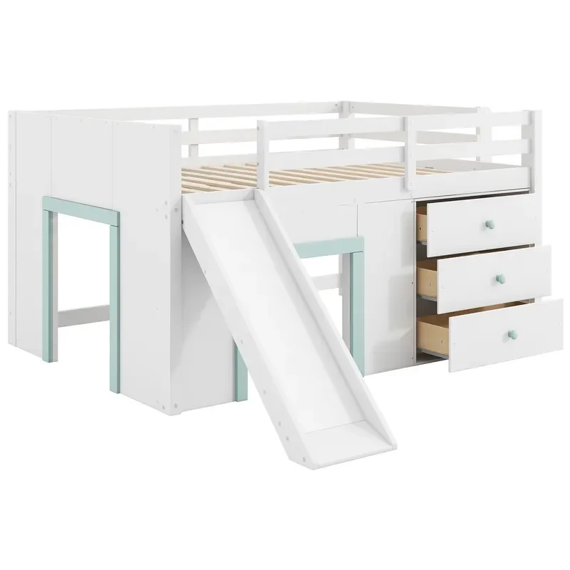 Kids Loft Bed with Slide and Storage Drawers Wooden Elevated Bunk for Bedroom Space Saving Furniture