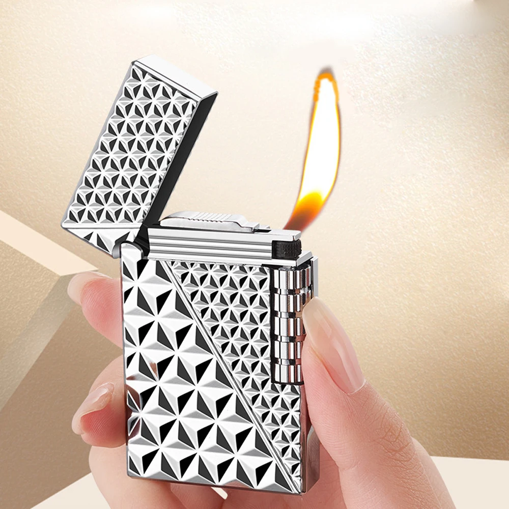 Metal Bright Ping Sound Windproof Oblique Flame Butane Gas Lighters Grinding Wheel Flint Cigar Lighter Men Smoker Gadget