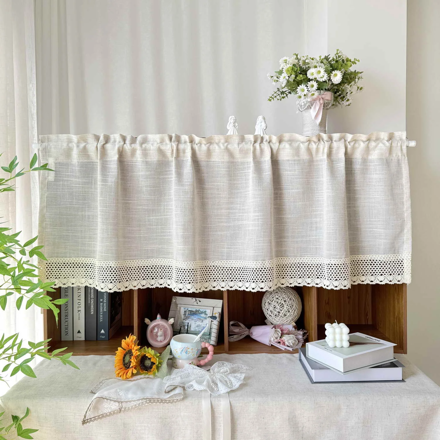 

American Country Style Solid Cotton Linen Splice Beige Crochet Lace Edge Coffee Curtain Decorative Short Curtain Home Decor