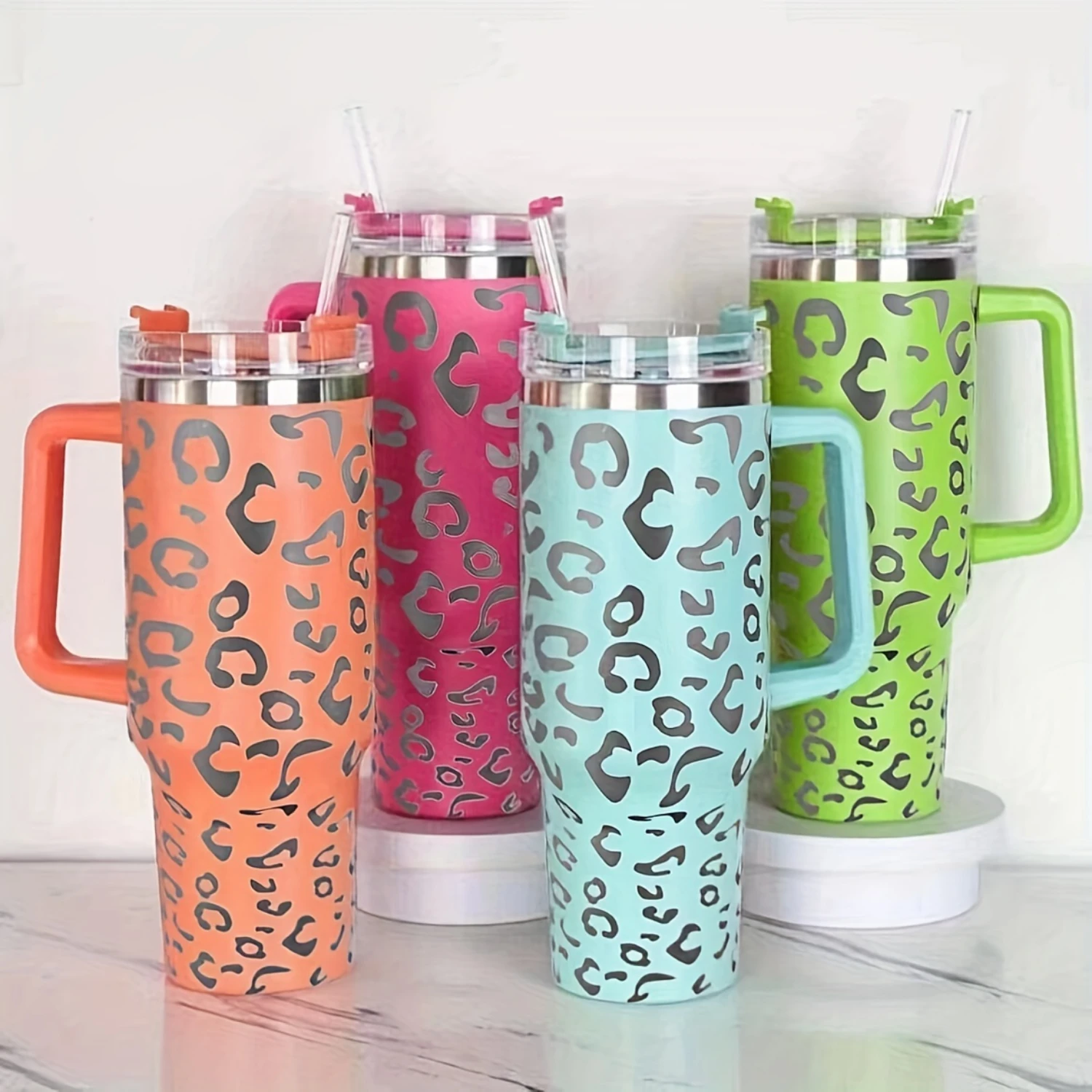 Large Capacity Leopard Print Stainless Steel Tumbler with Handle - Leakproof, Vacuum Insulated Cup for Car, Outdoor Sports, and