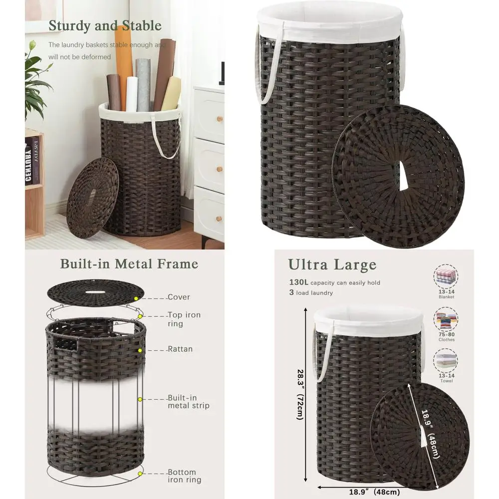 

Круглая плетеная корзина для белья с ручками, вместимость 130 л, в комплекте сетчатые мешки, подходит для гостиной и спальни, коричневый цвет