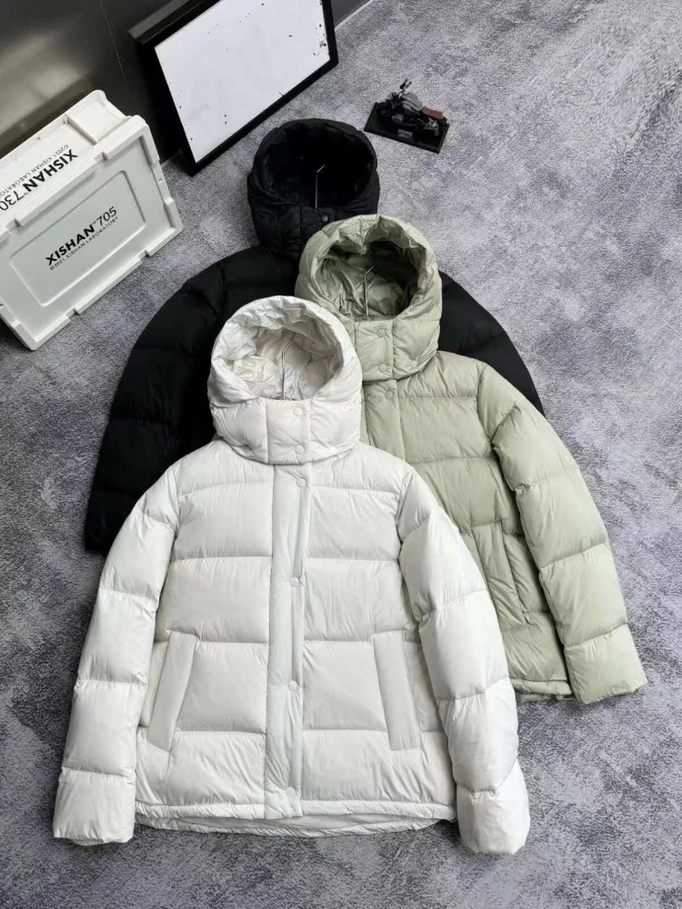 

Lulu White Goose down Puffer Jaet Women's Thiened Winter New Sle Hat Inteated Bread Coat Five ids Design Commute Sle