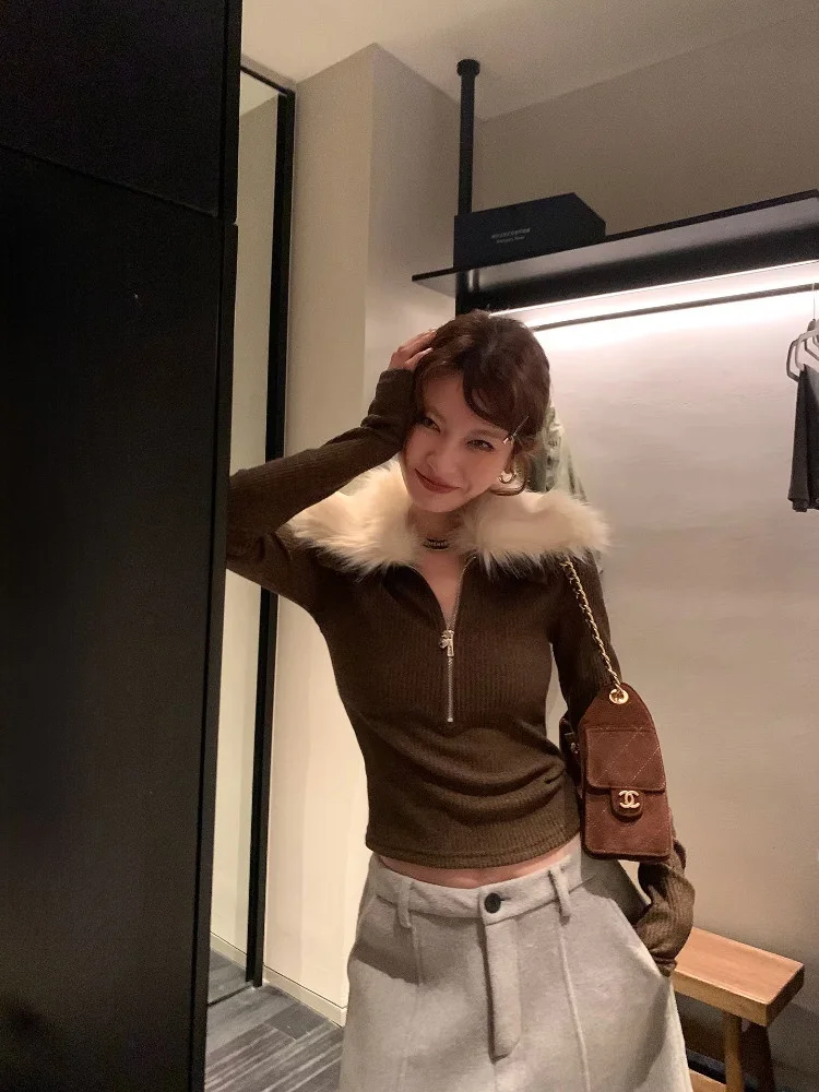 

Женский зимний облегающий вязаный свитер DULA с отстегивающимся воротником на молнии, базовый слой, корейский стиль, для повседневной носки