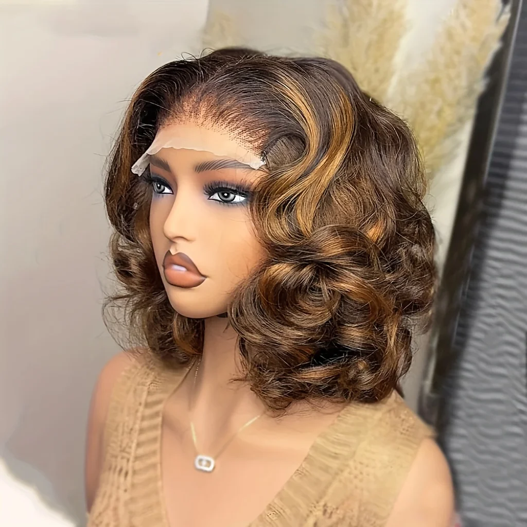 

Soft 20Inch Long Highlight Brown Body Wave 180Density Glueless Synthetic Lace Front Wig For Women Babyhair PrePlucked Daily
