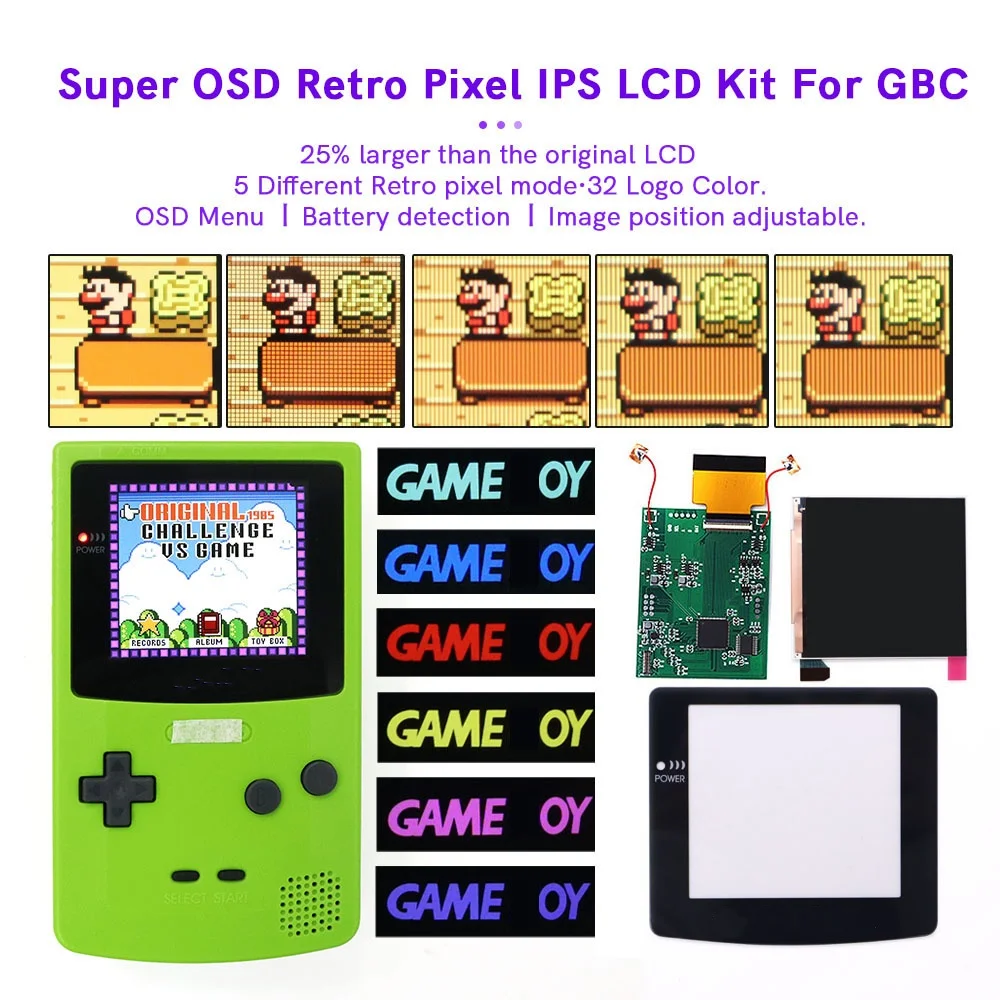 

32 LOGO Color Changeable Q5 IPS For GBC Compatible with GAMEBOY COLOR Console Replacement Screen LCD Mod Kits Shell Hollow Len