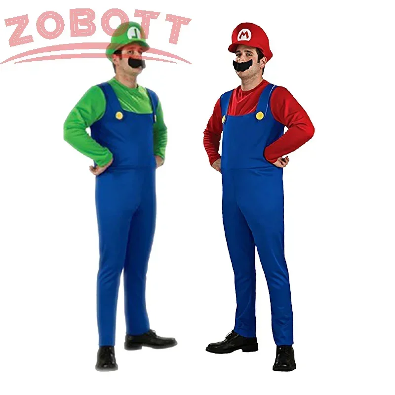 Anime Super Luigi Brothers Cosplay Erwachsene Männer und Frauen Jungen Mädchen Overall Bart Hut Set Halloween Kostüm Requisiten