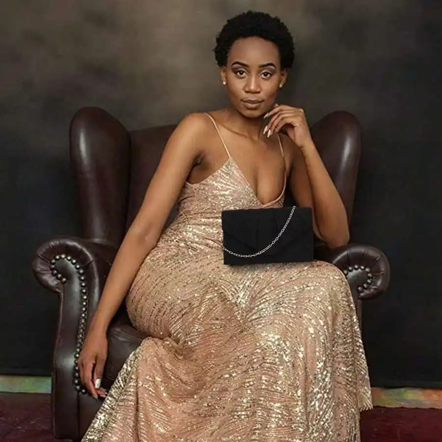 

Black Suede Fold Over Clutch Bag For Women Evening Party Wedding Prom Handbag With Detachable Chain Strap