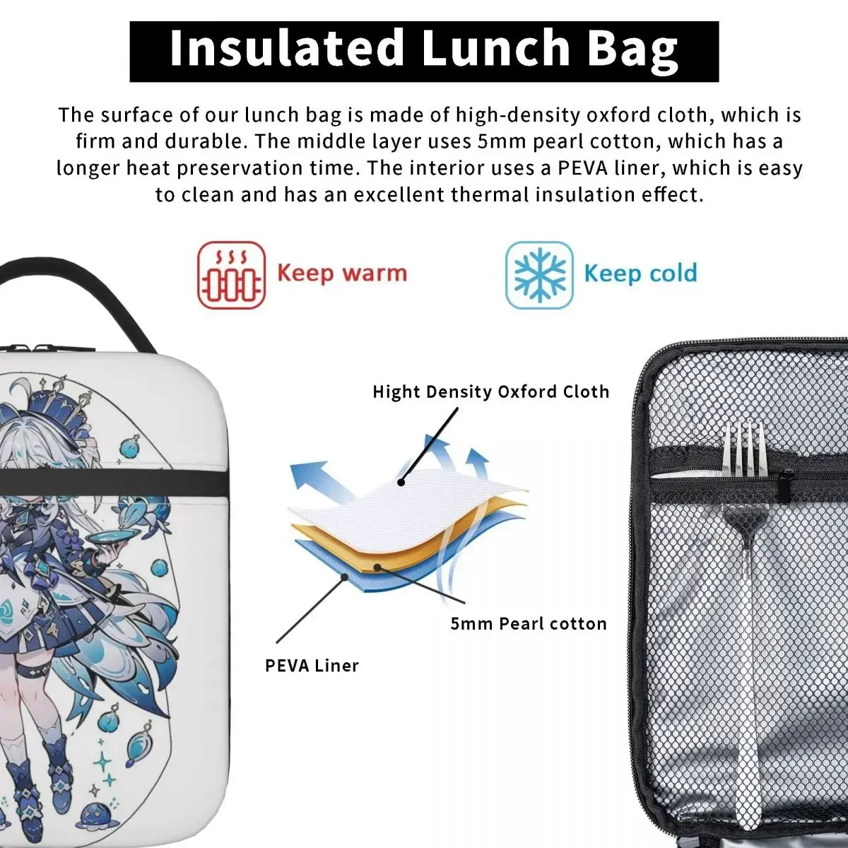 Genshin Impact Furina Gaming Game Lover Thermoisolierte Lunchtasche für die Schule, tragbare Bento-Box, Thermokühler, Lebensmittelbox