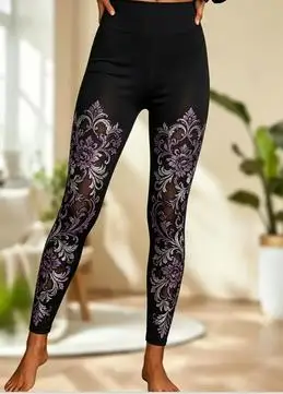 Women's Mid Waist Fleece Lined Leggings Vintage Floral Print Mesh Splicing Slim Fit Stretch Long Pants