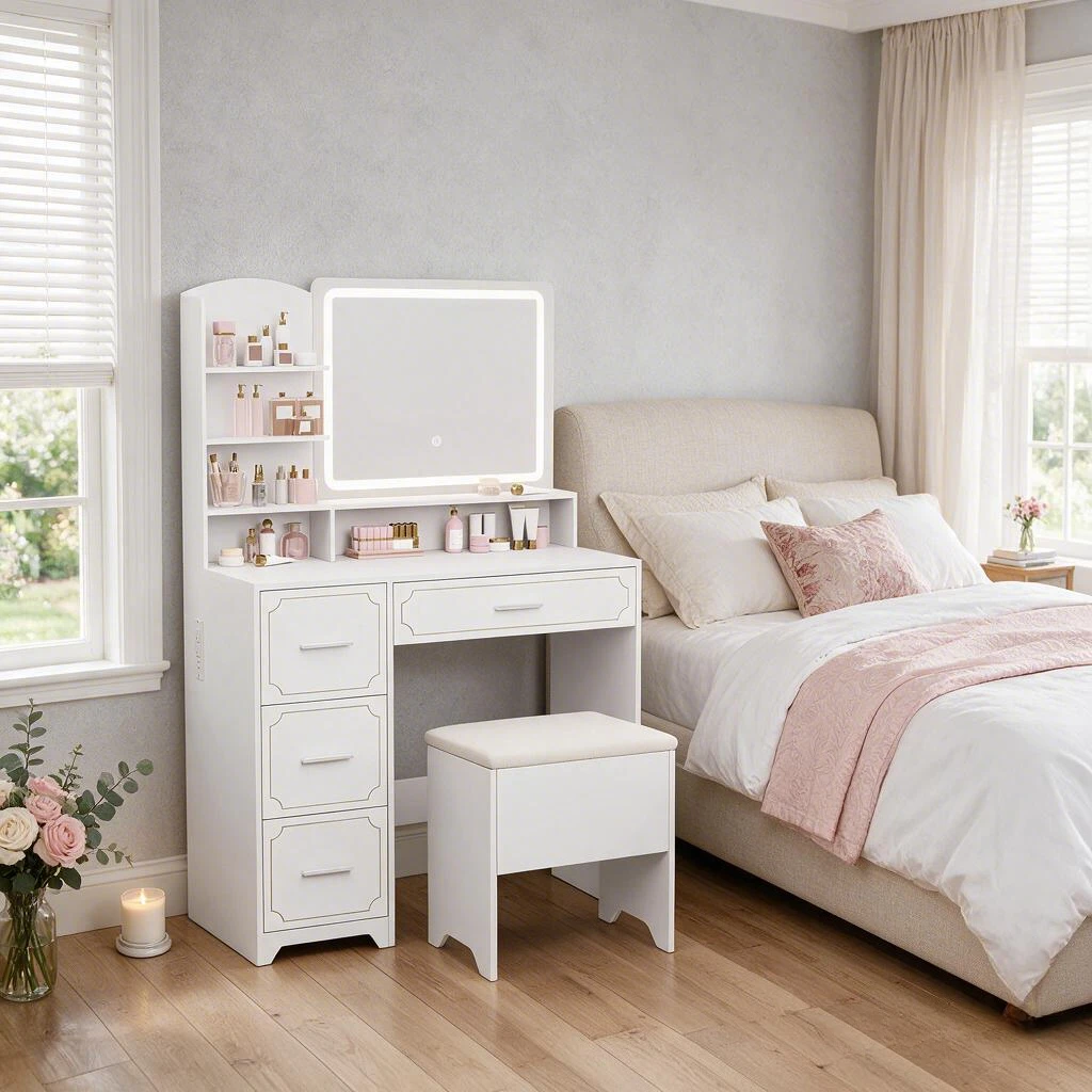 Large White Makeup Vanity Desk With Charging Station, Smart LED Mirror, Equipped With Drawers & Shelves, Custom