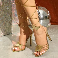 11.5cm/4.52inch Heel Elegant Designed Gold Woman Sandals Butterfly High Heels Cross-tied Straps Ladies Party Heels - Image 4
