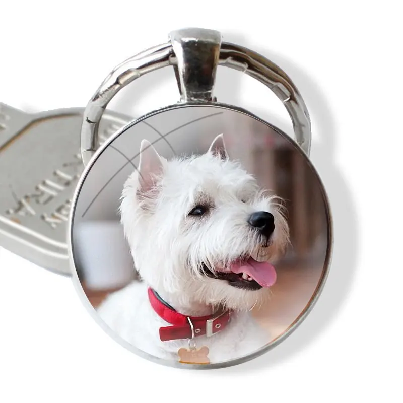 Westie Terrier Dog Puppy Highland Terrier Keychain Handmade Glass Cabochon Key Ring Holder Pendant Key Chains