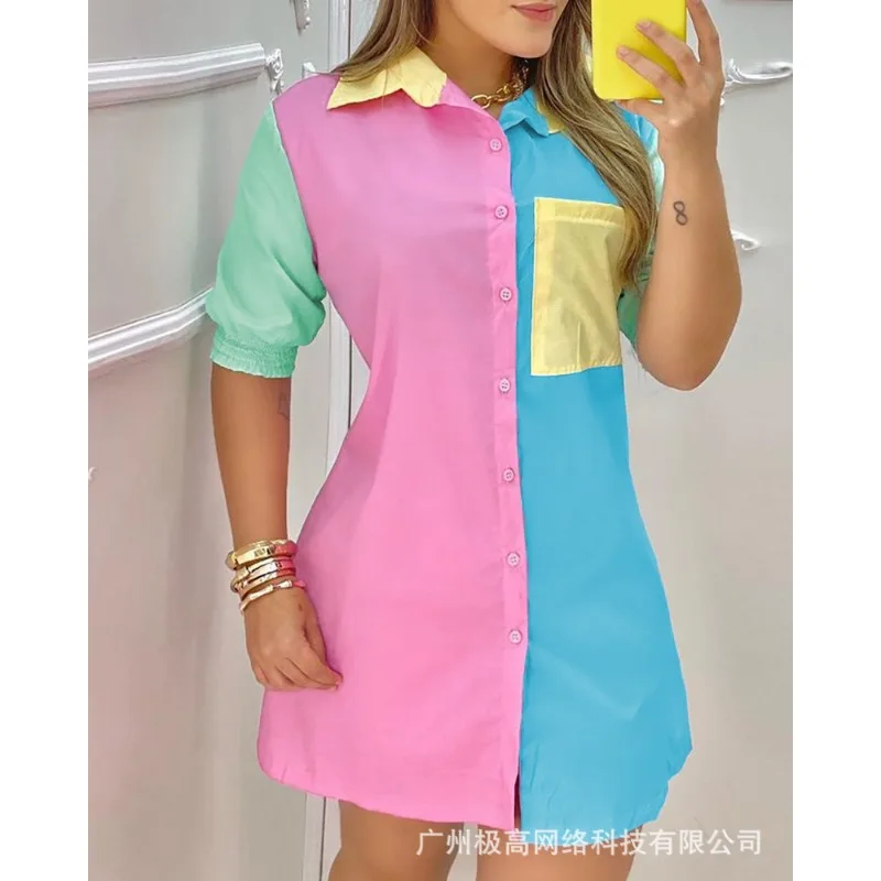 

Wepbel Lapel Shirt Dress Button Front Pocket Design Patchwork Shirt Dress Women Casual Summer Long Sleeve Colorblock Shirt Dress