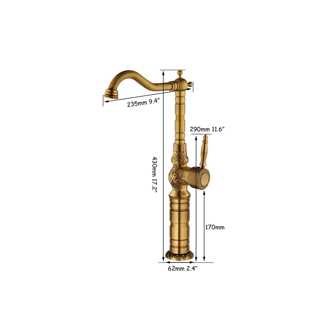 JIENI Antique Brass Bathroom Basin Faucet Long Nose Spout Wash Sink Tap 360 Rotation Mixer Tap Art Design Kitchen Faucet