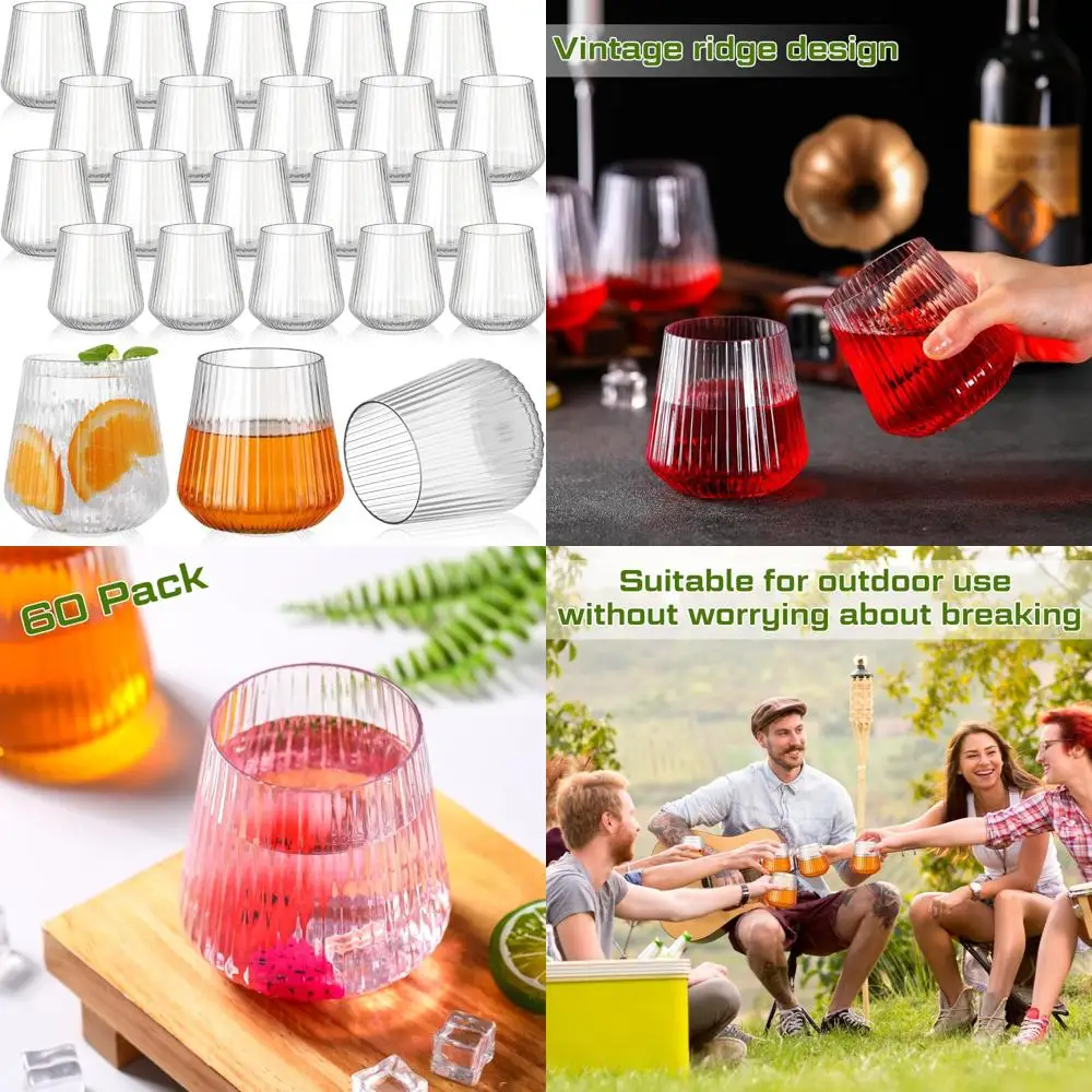 

Ribbed Stemless Plastic Wine Glasses - 60 Pack, 14oz Unbreakable Cups for Outdoor and Indoor Vintage Style Events