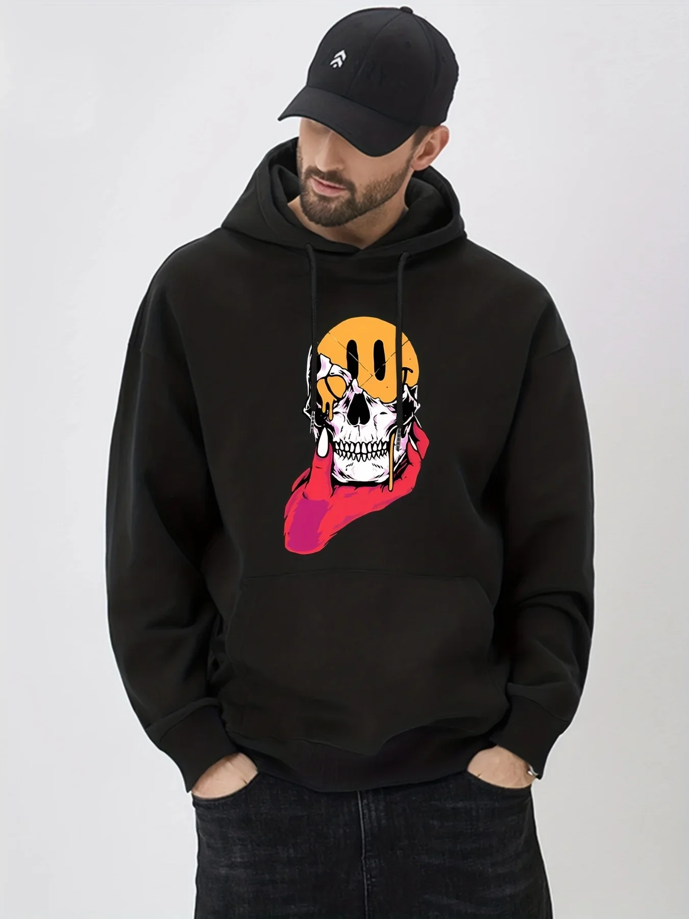 Unisex Fleece Hoodie Street Graffiti Broken Smiley Skull Demon Hand Front Large Graphic Loose Pullover Sweatshirt Autumn Winter