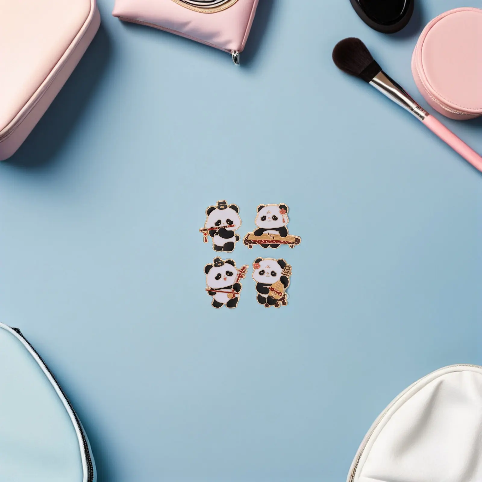 4Pcs Panda Pin Brooch Set Chinese Vintage Style Musical Instrument Enamel Metal Badge Sweater Shawl Dress Shirt Collar