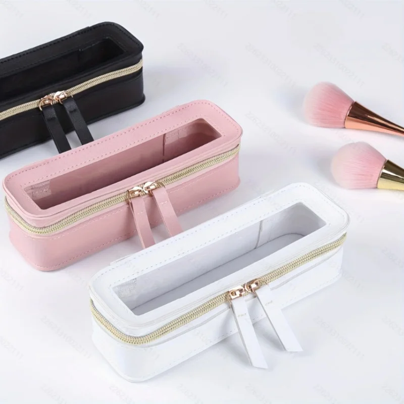 1Pc PU Leather Transparent Makeup Brush Makeup Bag Portable Storage Bag Daily Necessities Storage Accessory