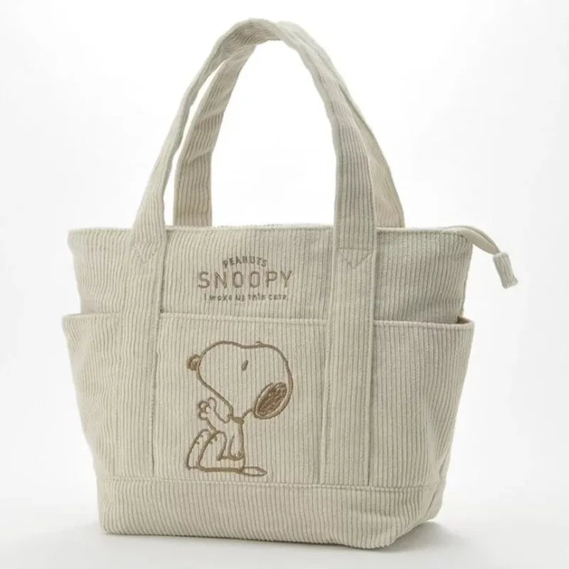 2026 New Peanuts Snoopy Corduroy Tote Bag for Women Embroidered Cartoon Handbag Beige Multi-pocket Bag Casual Daily Shopping Bag