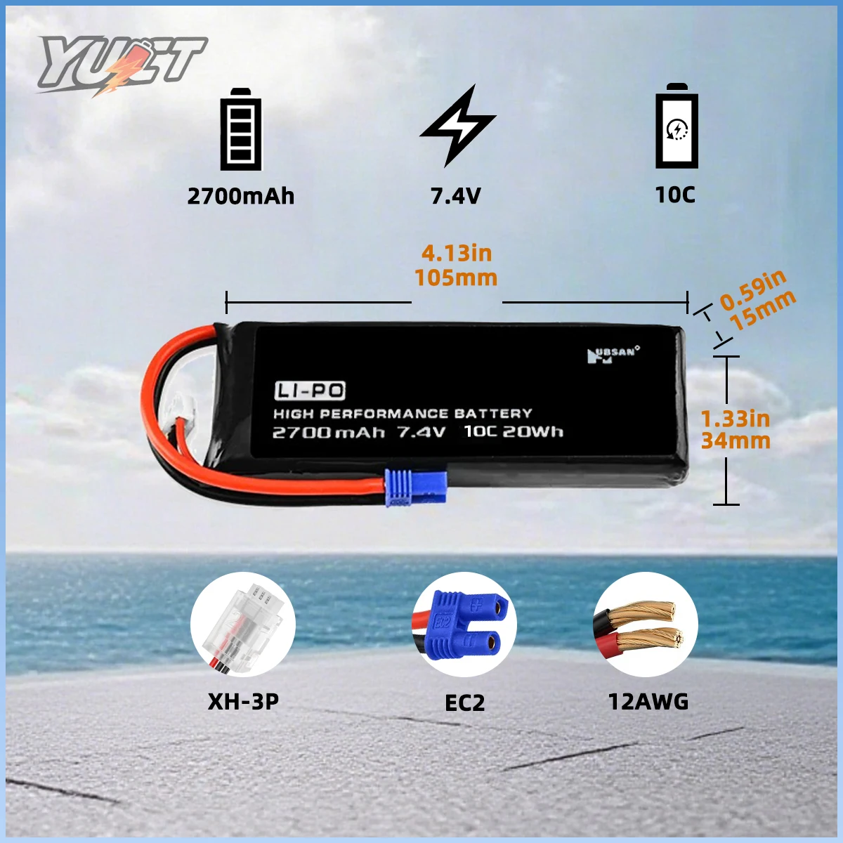YUCT 2700mAh 7.4V 2S LiPo Battery for Hubsan H501S, H501C, X4 Quadcopter - with EC2 Plug - Replacement Drone Accessories Parts
