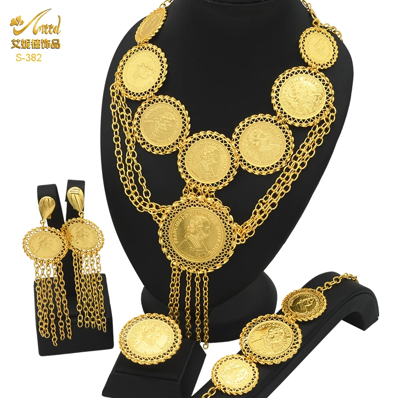 

ANIID Indian Gold Color Coin Tassel Pendant Necklace Jewelry Sets Dubai Party Bridal Wedding Fashion Choker Bracelets Set Gifts