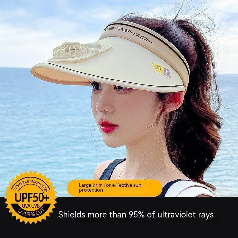 Sun Visor Women Hats with Fan-Three Temp Settings-Large Area Sun Protection Adjustable Elastic Buckle