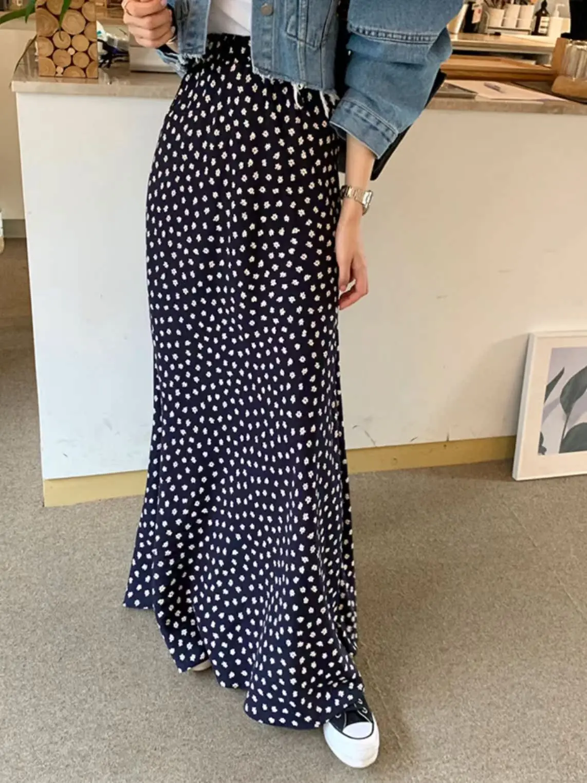 Floral Print f-length Skirt Women's Elastic Waist Loose Fit Thin Sle Age-reducing Versatile Wrap-around Hip Silhouette C...