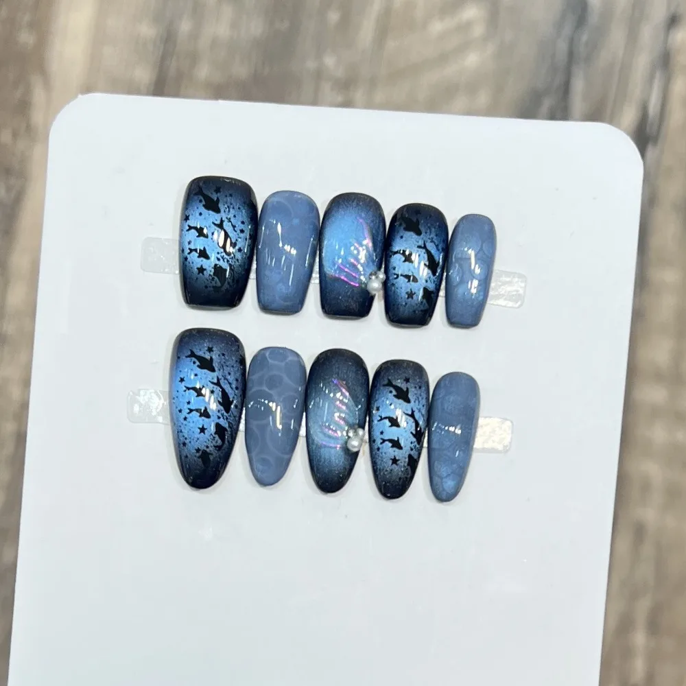 10 Pieces Bubble Blue Cat Eye Pearl Mermaid Tail Handmade Press On Nails Deep Sea Witch Fish School Art Fake Nails Reusable