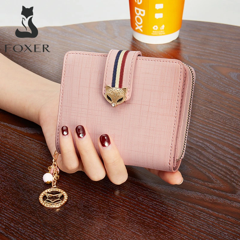 FOXER Women Split Cowhide Leather Short Wallet Cute Small Coin Purse Large Capacity Lady Multi-Card Slot Pocket Mini Clutch Bag