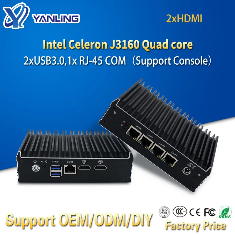 Yanling-Mini PC Intel Celeron j3160クアッドコア,ファンレス,4ギガビット,LAN 2 * HD, pfSenseファイアウォールアプライアンス,AES-NI