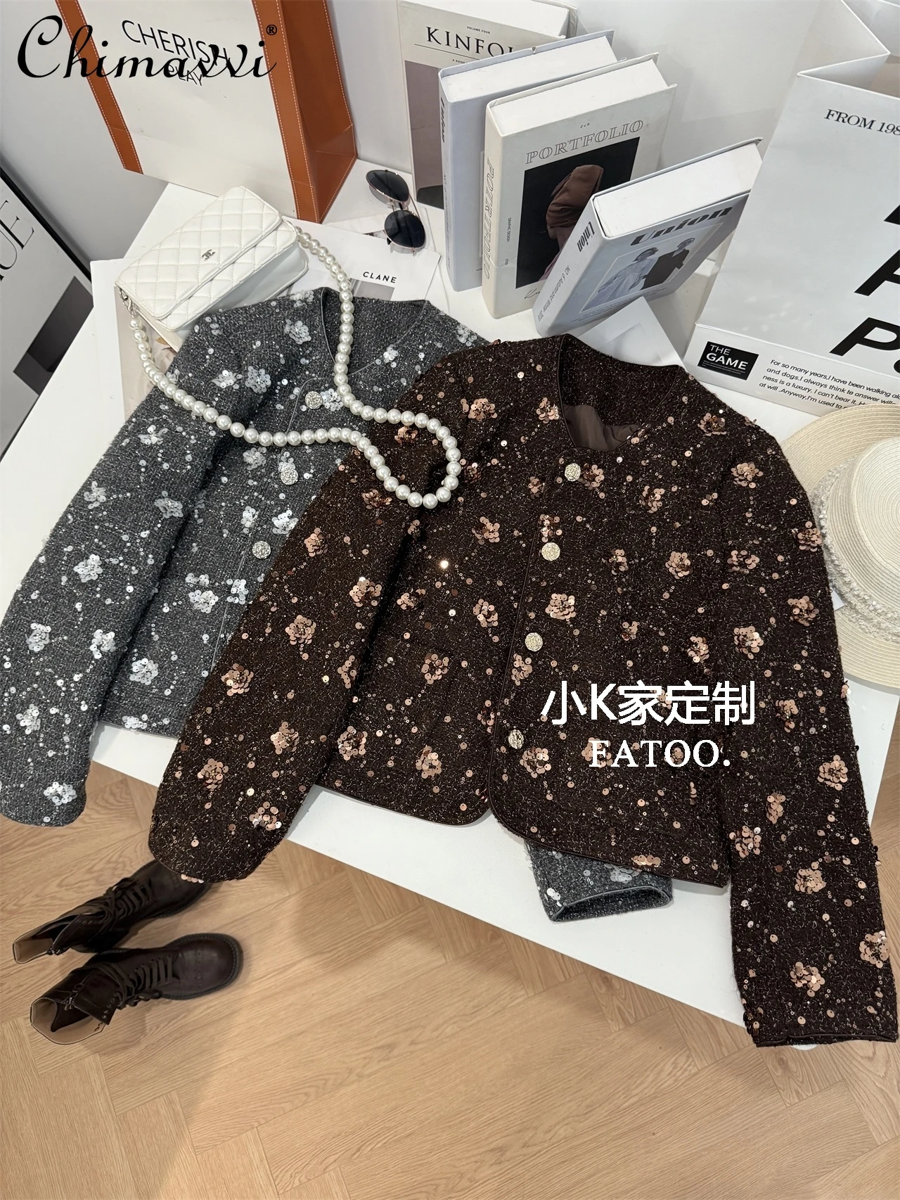 

Heavy Sequin Tweed Short Coat for Women 2025 Autumn Clothes New Fashion Versatile Round Neck Long Sleeve Elegant Jacket Top